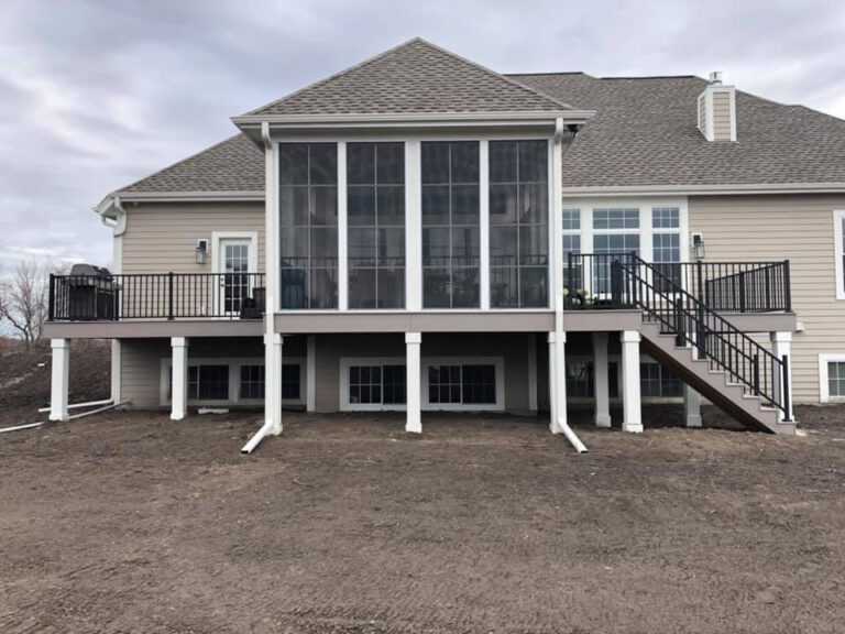TimberTech Slight Grey Decking with Eze Breeze Porch Enclosure Windows and Westbury Railing