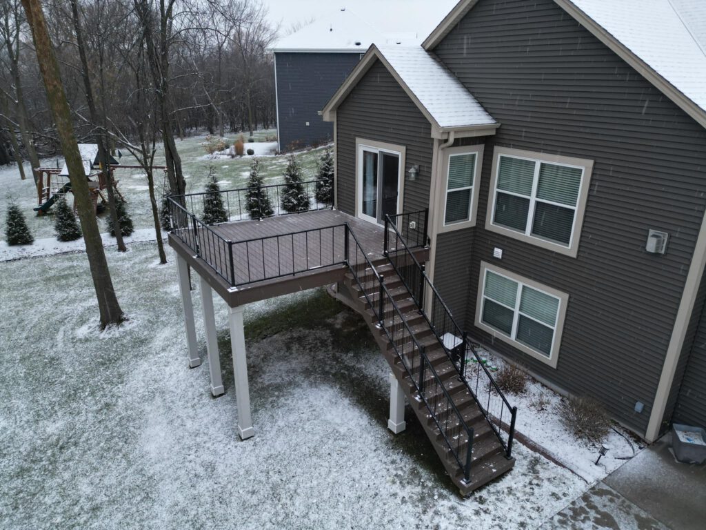 TimberTech Decking, Color: American Walnut, Railing: Westbury VertiCable, Pylons: Mascore Helical Piles