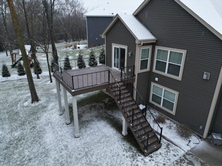 TimberTech Decking, Color: American Walnut, Railing: Westbury VertiCable, Pylons: Mascore Helical Piles