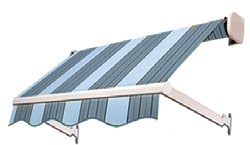 Custom Deck Builder for Homeowners - M2 Decks & Enclosures A blue and grey striped retractable window awning with a decorative valance, demonstrating one of over 100 designer fabric patterns available.